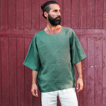 Breathable Linen Shirt Sage Green Linen for Men Straight Fit